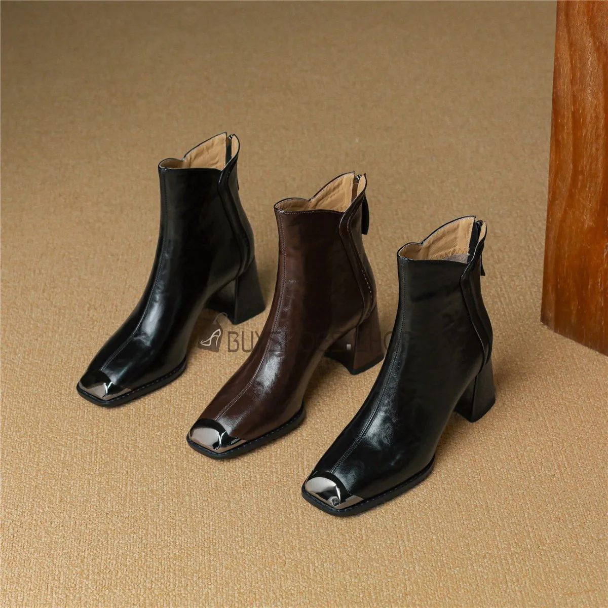 A Talon Mi Haut Classique Vintage Vernis Talons Carrés Bout Carré Bottines