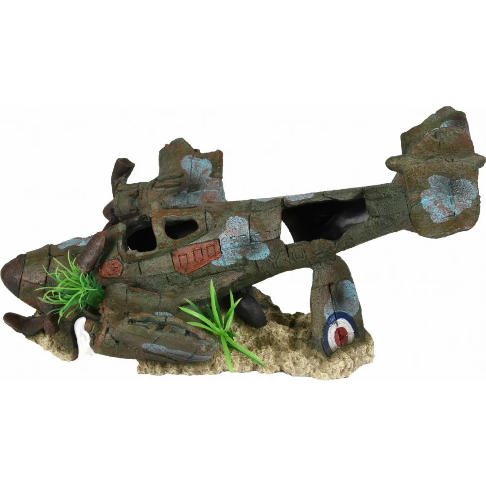Avion azur, 35 x 25 x 18 cm, décoration aquarium.