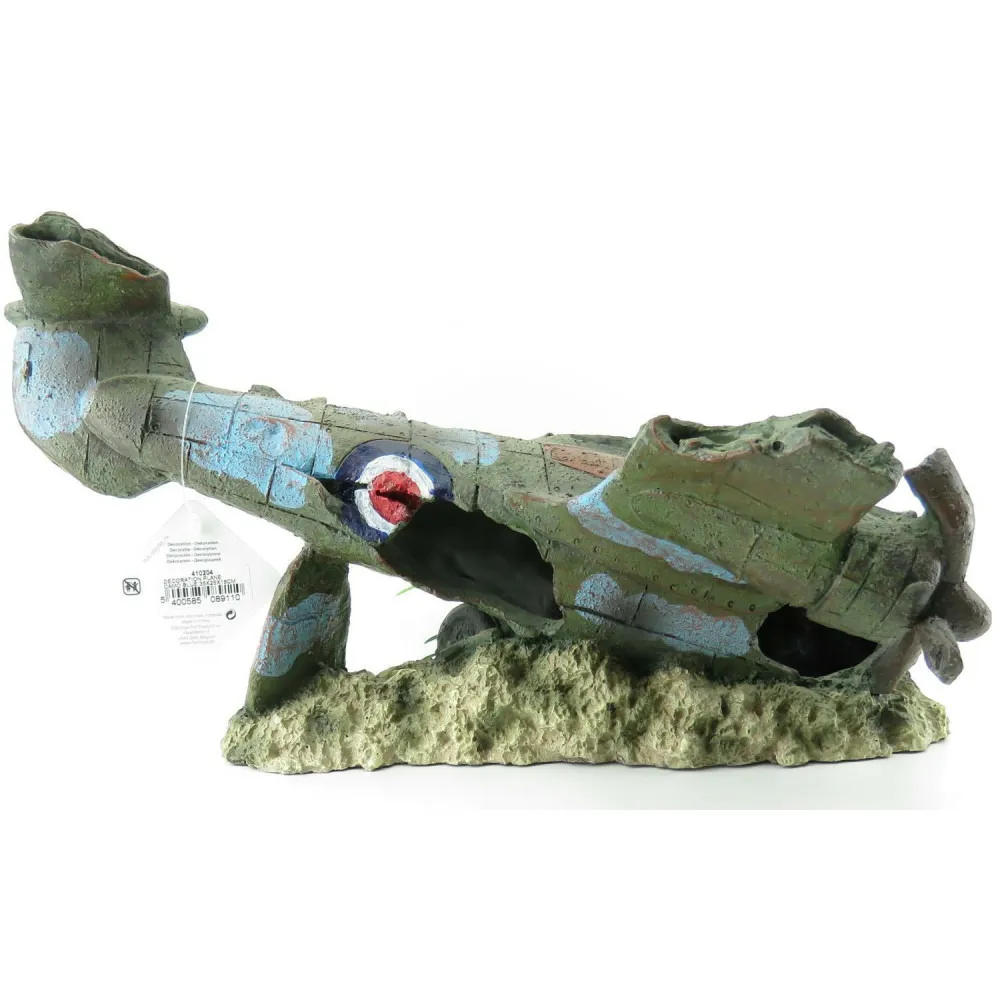 Avion azur, 35 x 25 x 18 cm, décoration aquarium.