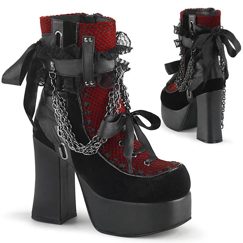 Botte romantic gothique rouge et velours noir , résille, dentelle à haut talon carré Demonia