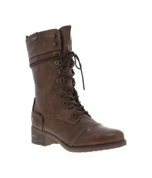 Bottes aspect cuir grainé marron à talon décroché moyen et à lacets et zip latéral
