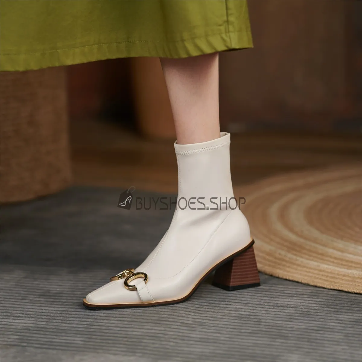 Bout Carré Bottine Chaussette Stretch Talons Carrés Cuir Moderne Petit Talon 5 cm