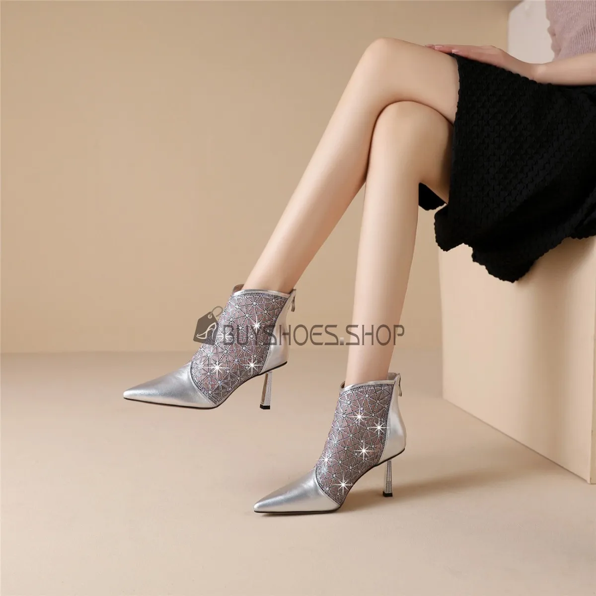Brillante Argenté A Talon 7 cm Chaussure De Soirée Ceremonie Bottines Femme Sandales