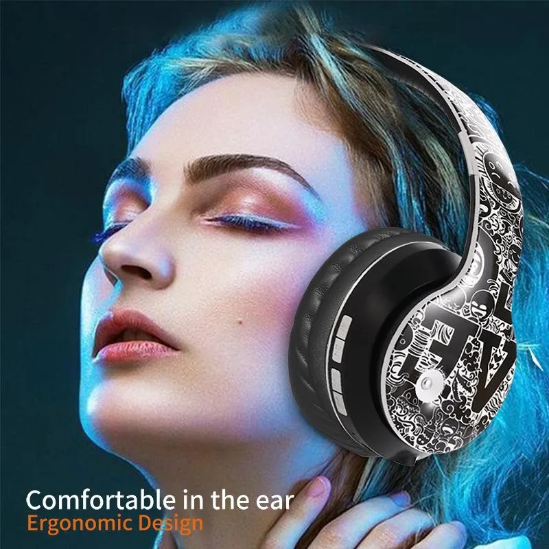 Casque Audio Bluetooth Sans Fil Graffiti Noir Blanc