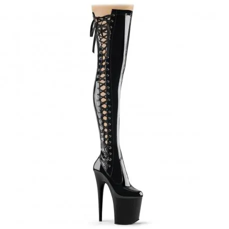 Cuissardes talon 20 cm & plateforme avec lacets " corset " latéral en vinyle noir 