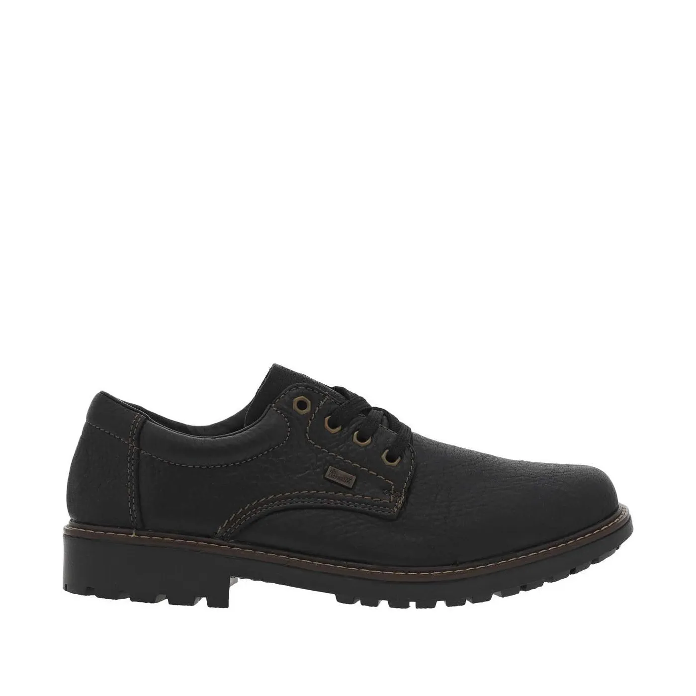 Derbies en cuir grainé noir bout rond, talon décroché bas et lacets plats