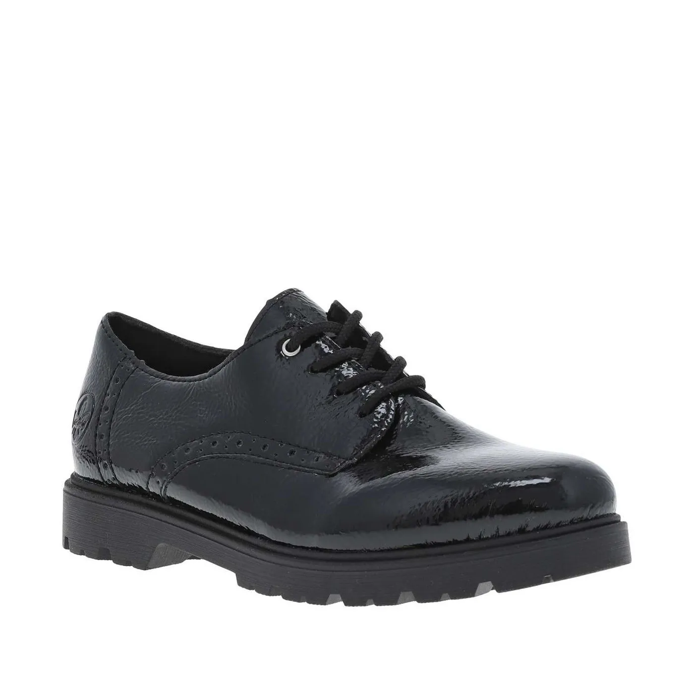 Derbies en cuir noir vernis à talon plat et fermeture à lacets ronds