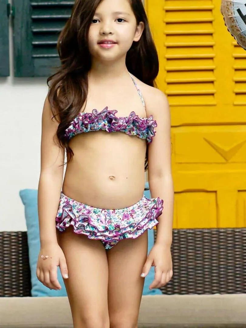 Maillot de Bain 2 Pièces Fille  Fleuri Violet & Bleu  SWAN - 'LA FAUTE A VOLTAIRE' - Violet