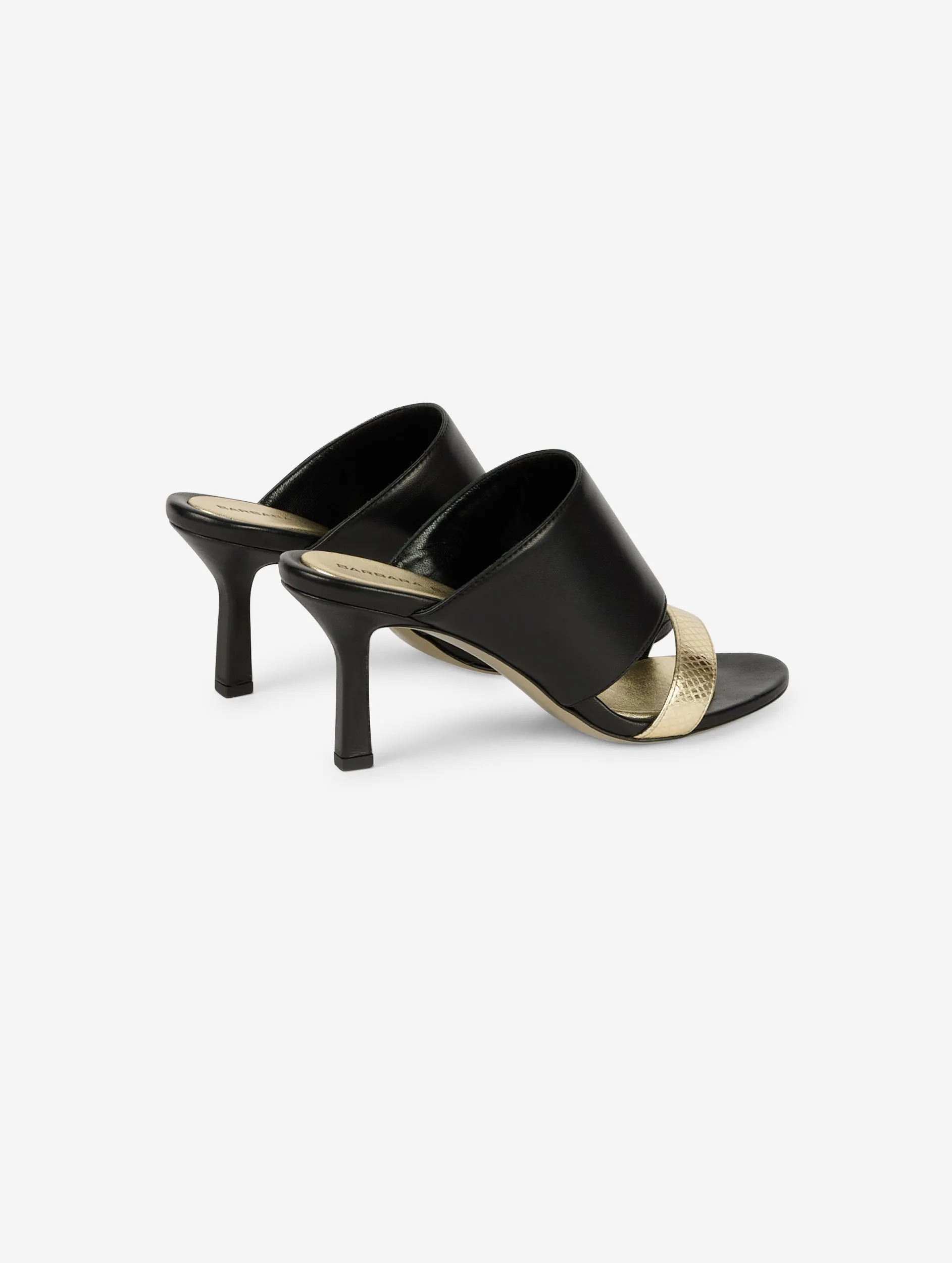 Mules à talon en cuir noir et or