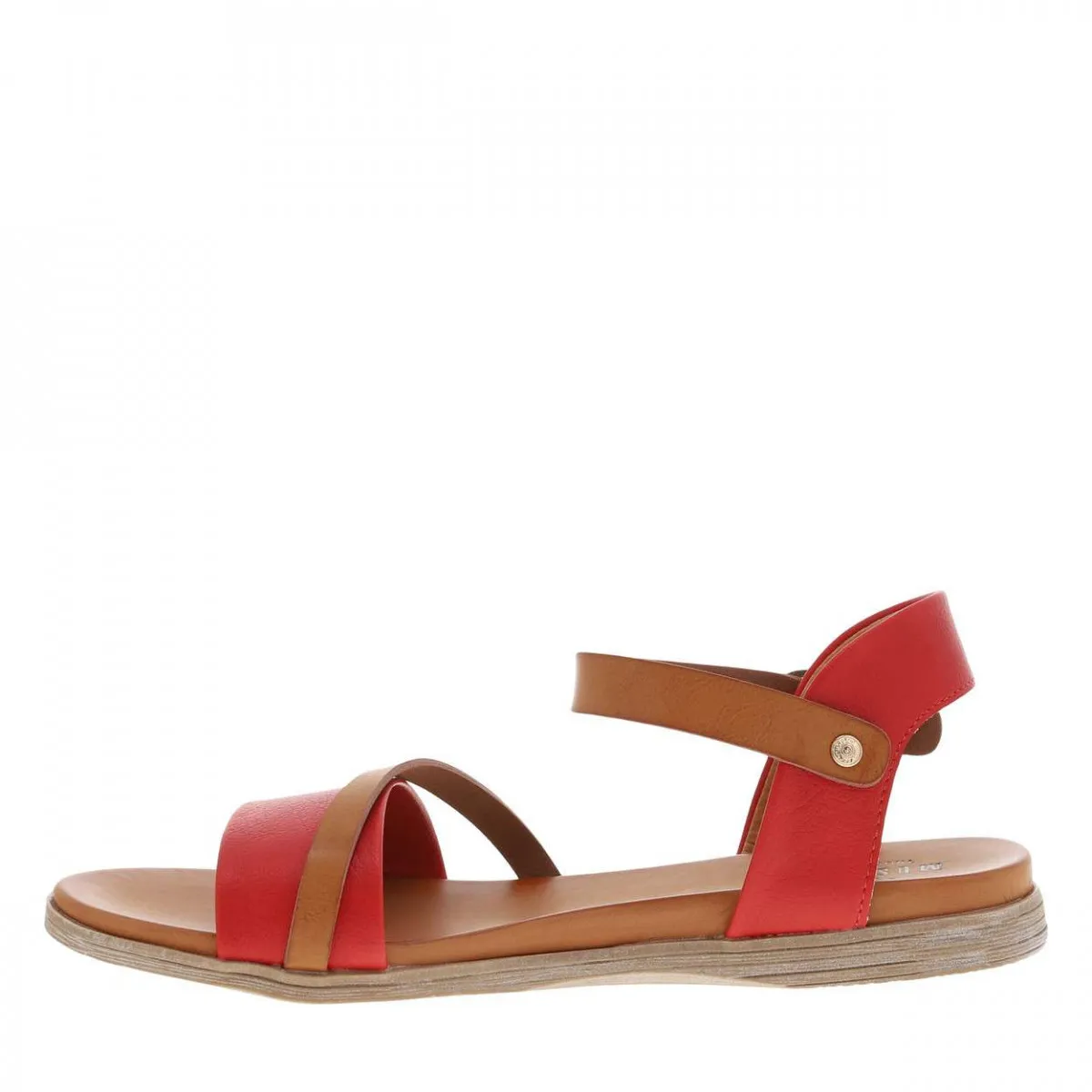 Nu-pieds simili cuir rouge à boucle ardillon dorée, talon semi-compensé ouvert