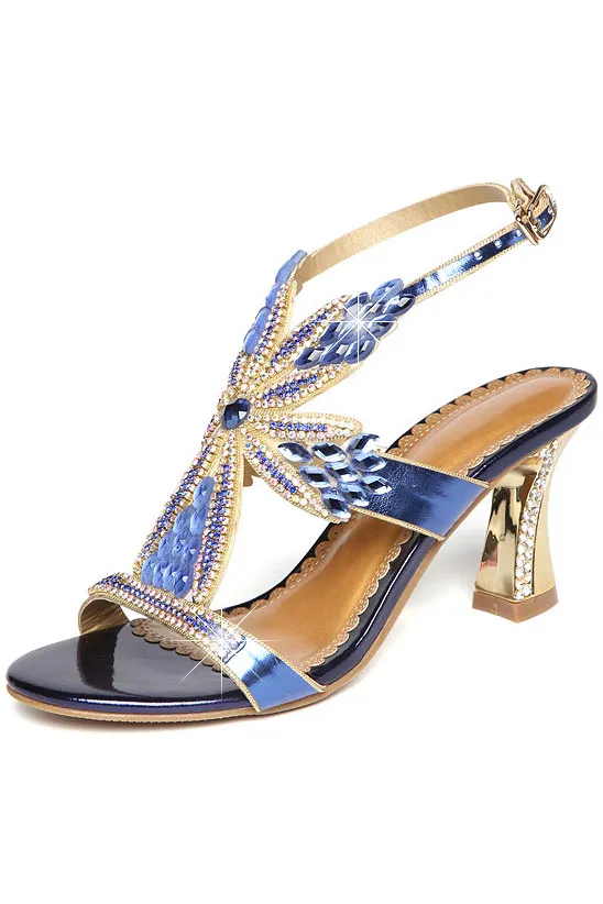 Sandale de soirée bleu fleurie en cristal strass à talon haut