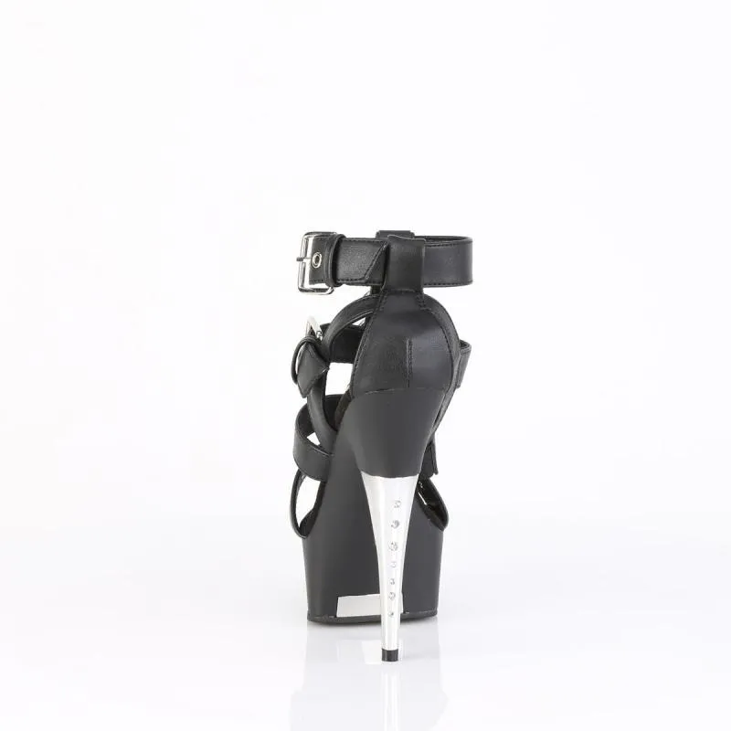 Sandale spartiate cage noire plateforme à talon aiguille chromé et strass 15 cm