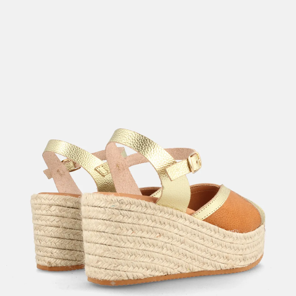 Sandales confortables compensées en cuir et talon en raphia - Doré